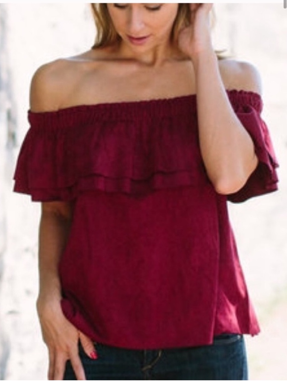 Young Fabulous & Broke Burgundy Red off the shoulder ruffle top Medium boho